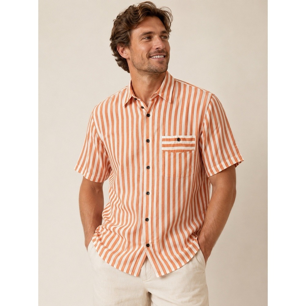 Utopia Linen Cotton Camp Shirt Mens Large‎ Orange Stripe Beach Resort Button Up